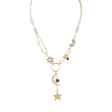 Imagem de JAZTAKU Colar gargantilha feminina com pingente de sol, lua e estrela, banhado a ouro 18 K, joia para presente, Aço inoxidável, Sem Pedra Preciosa