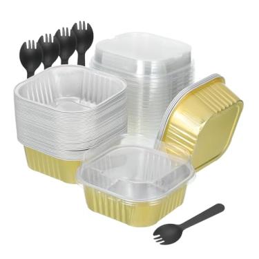 Imagem de HARFINGTON Pacote com 40 mini formas de bolo descartáveis de 293 ml, com tampas e colheres, folha de alumínio dourada, quadrada para assar, cupcake, copos de sobremesa, lata para festa de aniversário