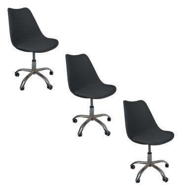 Imagem de Kit 3 Cadeiras Office Base Cromada Com Rodizio Giratória Saarinen Preto