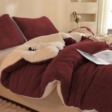 Imagem de LLanCL Conjunto de edredom com design de jacquard 3D, ultramacio, quente, de pele de ovelha, 3 peças, roupa de cama luxuosa aconchegante com 2 fronhas (264 x 228 cm, bordô)
