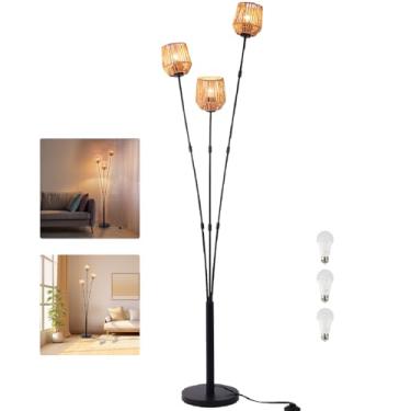 Imagem de OFiSEXPT Luminária de chão de vime, lâmpadas de chão para sala de estar, lâmpada de piso de LED, lâmpada arqueada de 3 luzes com abajur de tecido de arte em papel, interruptor de pé, estilo boêmio de
