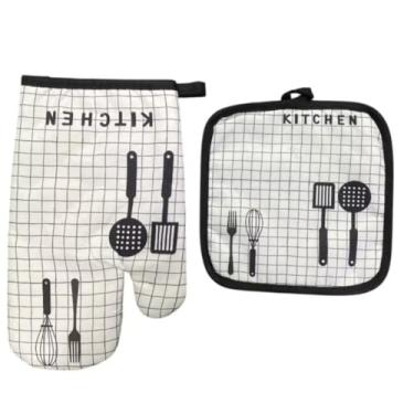 Imagem de Conjunto de Utensílios para Cozinha, Design Quadriculado Branco e Preto, Pano de Prato e Luva Térmica com Estampa de Utensílios