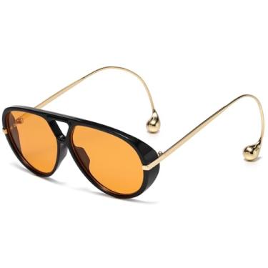 Imagem de LASPOR Óculos de sol aviador grandes para mulheres, vintage, com brinco ajustável, armação grande, óculos escuros femininos, Armação preta/lente laranja