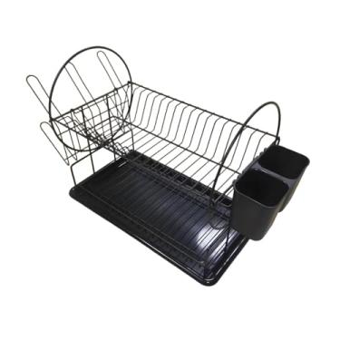 Imagem de IEUDNS Escorredor de pratos com porta-copos, economizador de espaço, aço carbono, com porta-talheres, escorredor de pratos para de cozinha, Preto