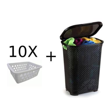 Imagem de Kit 10 Cestos Multiuso Branco + Cesto Rattan G Basculada - Uninjet