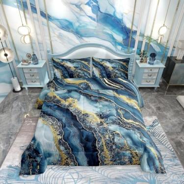 Imagem de Erosebridal Conjunto de cama índigo tie dye, conjunto de edredom de mármore abstrato, tamanho casal para crianças e adolescentes, edredom de plumas, arte fluida de tinta, estilo arte retrô, conjunto