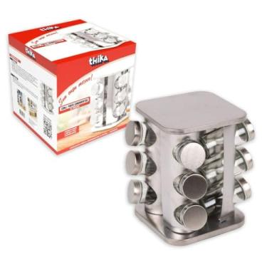 Imagem de Porta Condimentos e Temperos Giratório com 12 Potes em Aço Inox e Vidro