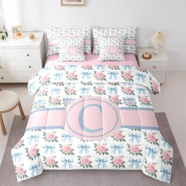 Imagem de Erosebridal Conjunto de cama solteiro com letra C, 7 peças, gravata borboleta, azul, rosa, alfabeto, princesa, floral, folhas, para crianças, meninas e mulheres