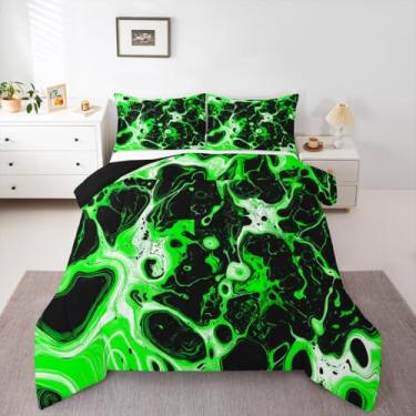 Imagem de Erosebridal Conjunto de edredom solteiro, verde-limão, preto, abstrato, aquarela, estético, marmorizado, para crianças, adolescentes e adultos, edredom moderno