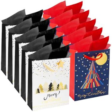 Imagem de RACHELLE'S Sacos de presente de Natal – Pequenos 22,8 x 17,8 x 7,6 cm (pacote com 10) – Sacos de presente de papel resistente com papel de seda, etiqueta e alça – Design de árvores de Natal – Perfeito