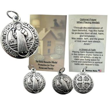 Imagem de Westmon Works Conjunto de medalhas de São Bento Medalhões de Metal Italiano Autêntico com Proteção e Cartão de Explicação Feito nos EUA para Casa Católica e Bênção Familiar