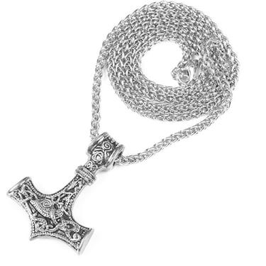 Imagem de Colar com pingente de cabeça de lobo viking com pingente de martelo de Thor – Joia de amuleto nórdico de aço inoxidável para homens, sem níquel, caixa de presente incluída, 18.5 Inches, Aço inoxidável