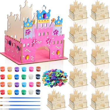Imagem de Blueweenly Conjunto de 12 artesanatos de castelo de madeira para crianças, lembrancinhas de festa de princesas com pincéis de tinta acrílica e 12 cores, castelo de papelão para crianças colorirem