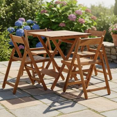 Imagem de Conjunto de Mesa 70x70cm e 4 Cadeiras Dobráveis em Madeira Eucalipto Verniz Marrom