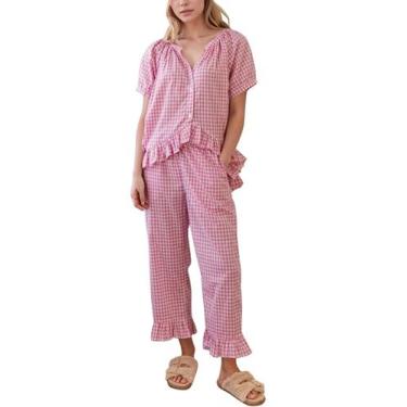 Imagem de Conjunto de pijamas femininos Flygo, xadrez, algodão, 2 peças, rosa