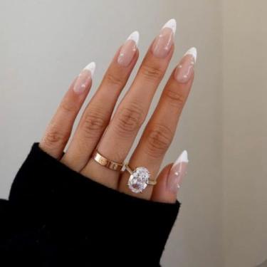 Imagem de Kit de unhas curtas médias amêndoas francesas brancas falsas com design clássico francês branco, pérolas, prensas, acrílico, cobertura completa, bastão falso na unha, para mulheres, uso diário