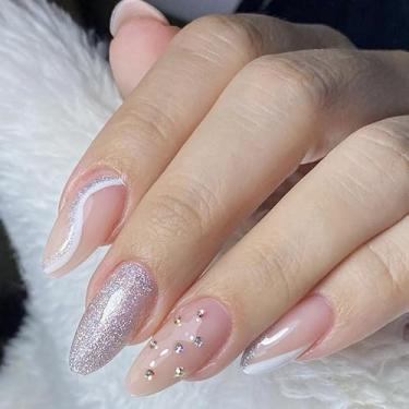 Imagem de Kit de unhas de pressão de glitter unhas postiças médias em forma de amêndoa com design de strass redemoinho cobertura completa cola acrílica falsa em unha para mulheres, 24 peças
