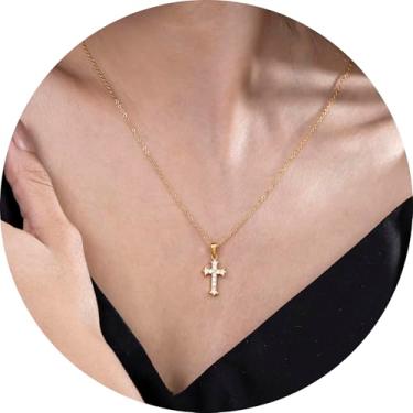 Imagem de Colar feminino com pingente de cruz de ouro banhado a aço inoxidável 18K com detalhes em zircônia, vários estilos de cruz, joia em camadas para presente, 18 Inches, Aço inoxidável, Sem Pedra Preciosa