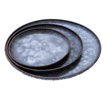 Imagem de 3 peças redondas galvanizadas vintage metal ferro com acabamento de cor ferrugem decoração de casa bandejas exclusivas de mordomo de frutas para cozinha acessórios de mesa de jantar festa de casamento.