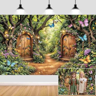 Imagem de Pano de fundo de floresta encantada de 1,8 x 1,5 m, verde, encantado, jardim, país das maravilhas floral, fotografia para crianças, meninas, chá de bebê, decoração de festa de aniversário, banner