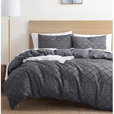 Imagem de Nestl Conjunto de capa de edredom Boho Bedding King Tufted com enchimento de edredom alternativo acolchoado – Cinza diamante – Conjunto texturizado de 4 peças inclui capa de edredom com enchimento e 2