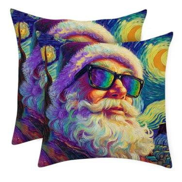 Imagem de ANNA QUEEN Conjunto de 2 capas de travesseiro retrô de Papai Noel de Natal 45,7 x 45,7 cm – Noite estrelada estilo pop art com óculos de sol Papai Noel para decoração divertida de férias