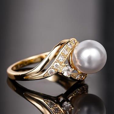 Imagem de Anéis requintados e elegantes banhados a ouro imitação de pérolas para mulheres, casamento, noivado, presente de joias, Metal, Pérola sintética