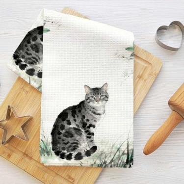 Imagem de Toalhas de cozinha fofas de gato e flor, toalha de prato decorativa de microfibra absorvente estilo japonês, toalhas de chá de waffle para cozinha, casa, banheiro, presentes para amantes de gatos 2