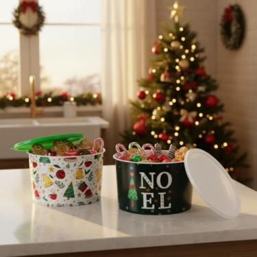 Imagem de Pote Plastico Natal 2 Litros 2 Unidades Porta Mantimentos Doces Biscoitos Estampa decorada(Pote Noel Verde e Pote Branco)