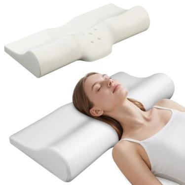 Imagem de SMDR Almofada cervical ergonômica de espuma viscoelástica com design de gota d'água ortopédica para alívio da dor, alinhamento da coluna, contorno alto-baixo (11 a 3 cm), capa respirável lavável