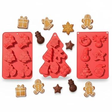 Imagem de Pacote com 3 moldes de silicone de Natal, moldes de biscoito de chocolate, moldes de silicone com formas de árvore de Natal e Papai Noel para fazer mini bolos, biscoitos, sabonetes artesanais