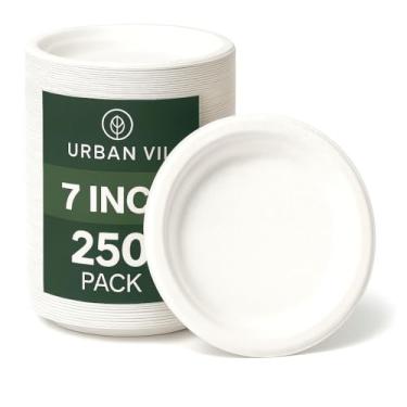 Imagem de URBAN VII Pratos compostáveis de 18 cm [pacote com 250] – papel de bagaço descartável branco, resistente, seguro para micro-ondas, resistente a gordura, ecológico (sem PFA) – Ótimo para festas