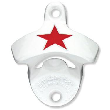 Imagem de STARR Abridor de garrafas original branco com estrela vermelha montado na parede, abridor de garrafas de ferro fundido revestido a pó americano com parafusos, suporte de parede estilo vintage para bar