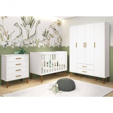 Imagem de Jogo De Quarto Retrô Para Bebê Completo 4 Portas Isis Branco Fosco - Moveisaqui