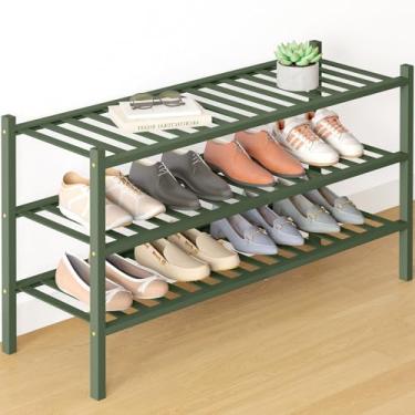 Imagem de Smiry Sapateira de bambu para armário, organizador de sapatos empilhável de madeira de 3 níveis, prateleira de armazenamento de sapatos de pé livre para entrada, entrada da porta da frente, verde