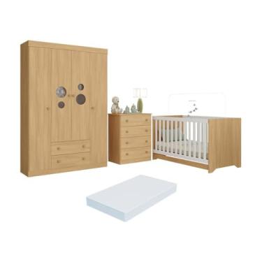 Imagem de Quarto de Bebê Completo Berço Americano 3 em 1 Colchão Pirulito Multimóveis Mp4633 Madeirado