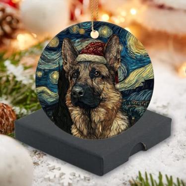 Imagem de Enfeite de Natal 2025, enfeite de cerâmica, decoração de animais fofos, estilo noite estrelada, pastor alemão usando chapéu de Natal, presente de lembrança para homens e mulheres, 7,6 cm