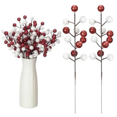 Imagem de zsccxq 24 peças de decoração de árvore de Natal artificiais, ramos de baga artificial, enfeites de galhos de bagas coloridas de azevinho de Natal (vermelho branco)