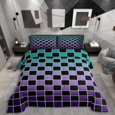 Imagem de Erosebridal Jogo de cama King quadriculado preto, roxo, turquesa, ombré, xadrez, para adultos, homens e mulheres, edredom com estampa geométrica, guingão gradiente