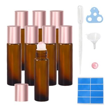 Imagem de Warmify Pacote com 8 frascos de rolo de quartzo rosa para óleos essenciais, frascos de vidro âmbar recarregáveis de 10 ml com bolas de cristal natural, frasco de perfume de viagem à prova de vazamento