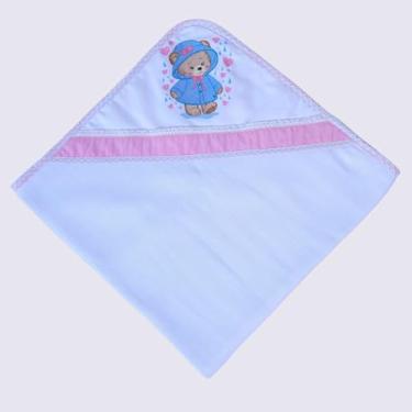 Imagem de Toalha Fralda Dupla com Capuz para Bebê 80×80cm – Algodão Premium, Super Absorvente, Antialérgica – Bordado Ursinha Capa de Chuva – Eliane Atelier