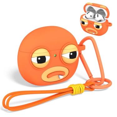 Imagem de OAJ Capa protetora engraçada para AirPods 4, desenho animado 3D, capa de silicone macio com chaveiro e cordão (laranja)