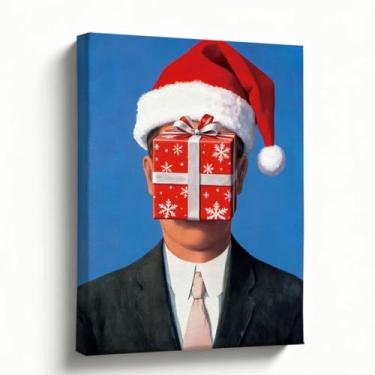 Imagem de Arte de parede de Natal, caixa de presente surreal com impressão em tela de chapéu de Papai Noel, paródia de arte pop moderna para sala de estar, escritório, dormitório, decorações de férias