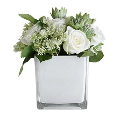 Imagem de YYBOES Flores artificiais para decoração de flores falsas em vaso arranjos de flores artificiais de hortênsia falsa rosa flores de seda artificial com vaso de vidro para decoração de casa flor