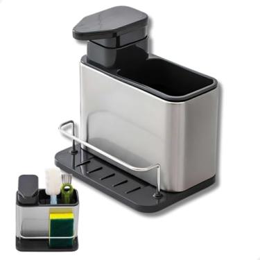 Imagem de Dispenser Sabão 3 em 1 Inox para Pia – Porta Detergente com Bomba Dosadora, Suporte para Esponja e Organizador de Pia em Aço Inox - LAUZANE SHOP