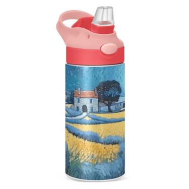 Imagem de xigua Garrafa de água infantil Farm Painting com canudo – Copo de aço inoxidável à prova de vazamento de 340 g para esportes, creche