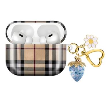 Imagem de Capa de fone de ouvido sem fio compatível com AirPod PRO 3 2025 à prova de choque e poeira com um lindo pingente de chaveiro de morango adequado para mulheres (morangos azuis xadrez)