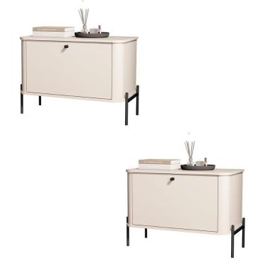 Imagem de Kit 2 Mesa De Cabeceira Quarto Tucupí 1 Porta E Pés De Metal Off White-Preto