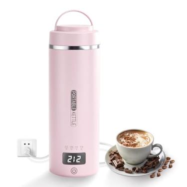 Imagem de Chaleira elétrica portátil com plugue de ebulição e mantém quente via USB, caldeira de água portátil com 4 configurações de temperatura, aço inoxidável 304 com desligamento automático 473 ml (rosa)
