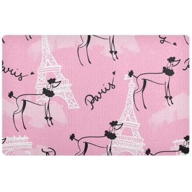 Imagem de TSENQUE Tapete de Halloween fofo para cachorro poodle de Paris rosa personalizado, tapete de Halloween, tapete de boas-vindas antiderrapante para uso externo 81 x 50 cm